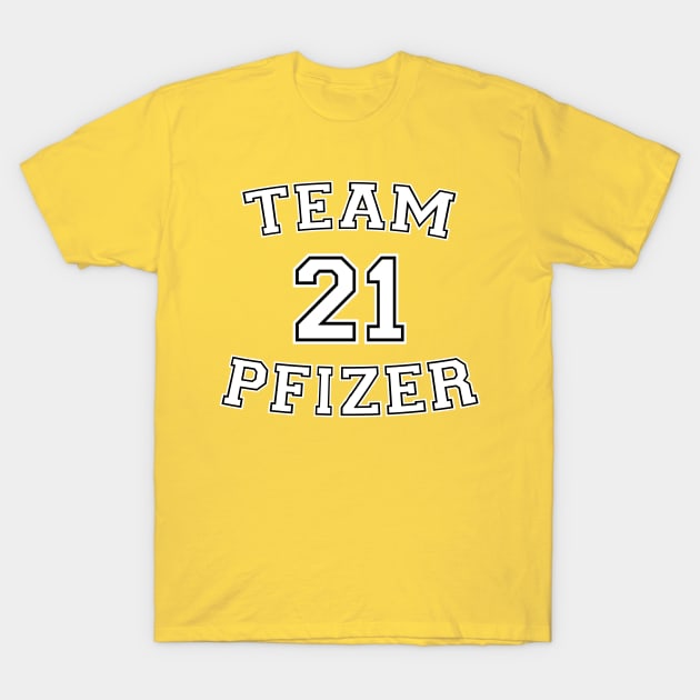 Vaccine pride: Team Pfizer (white college jersey typeface with black outline) T-Shirt by Ofeefee